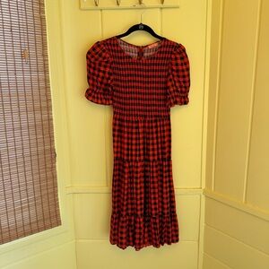 Kitri Red & Black Smocked Short Sleeve Dress, US 4 (UK 8)
